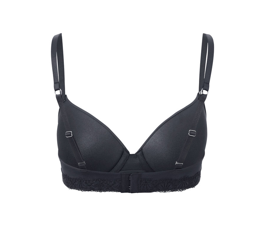 Schwarzer T-Shirt-BH mit verstellbaren Trägern und Rückenverschluss.