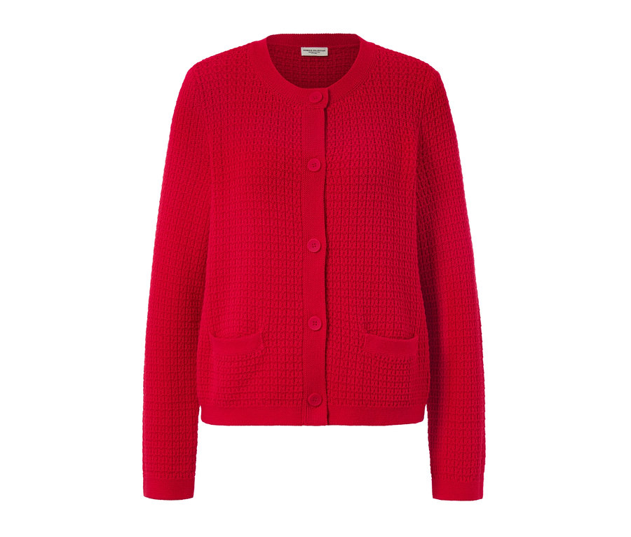Roter Cardigan aus Strukturstrick mit Knöpfen und Taschen.