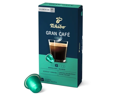 Packung Tchibo Gran Café Lungo Kapseln und eine Kapsel.