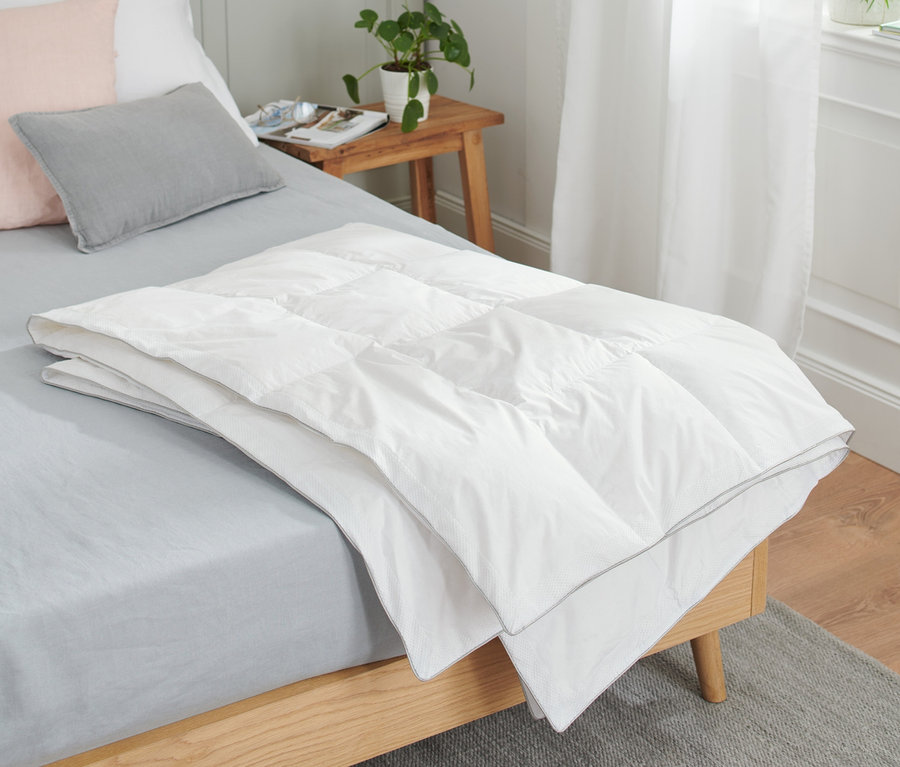 Auf einem Bett liegt eine weiße Temprakon Zone Sommerdecke in Normalgröße.