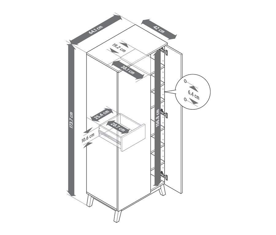 Abbildung eines Multifunktionsschranks mit Maßangaben.