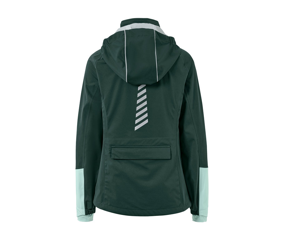 Von hinten ist eine dunkelgrüne Rad-Regenjacke mit Kapuze und reflektierenden Elementen zu sehen.