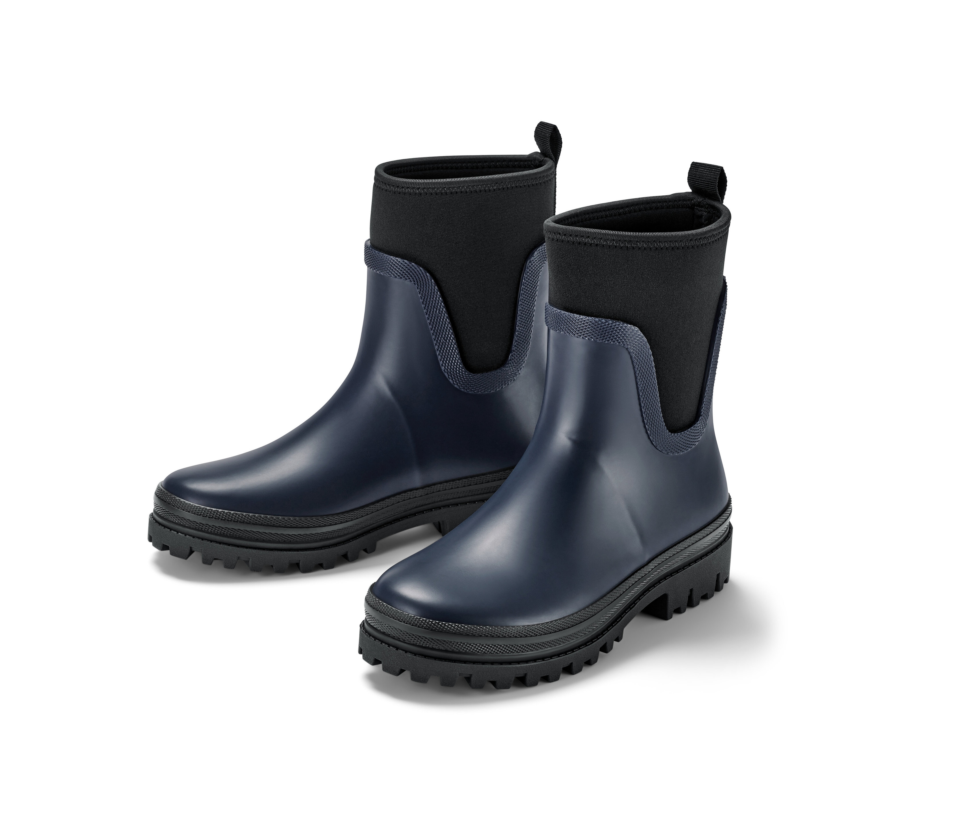 Zwei dunkelblaue Kinder-Neopren-Regenstiefel mit schwarzem Neoprenrand.