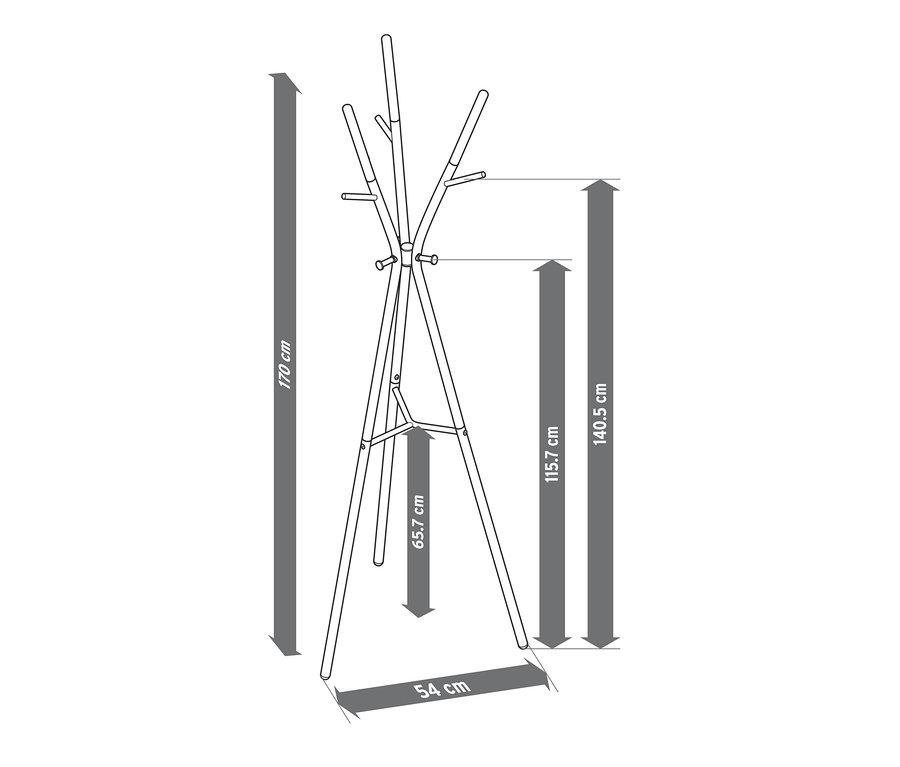 Skizze eines Garderobenständers mit Maßangaben.