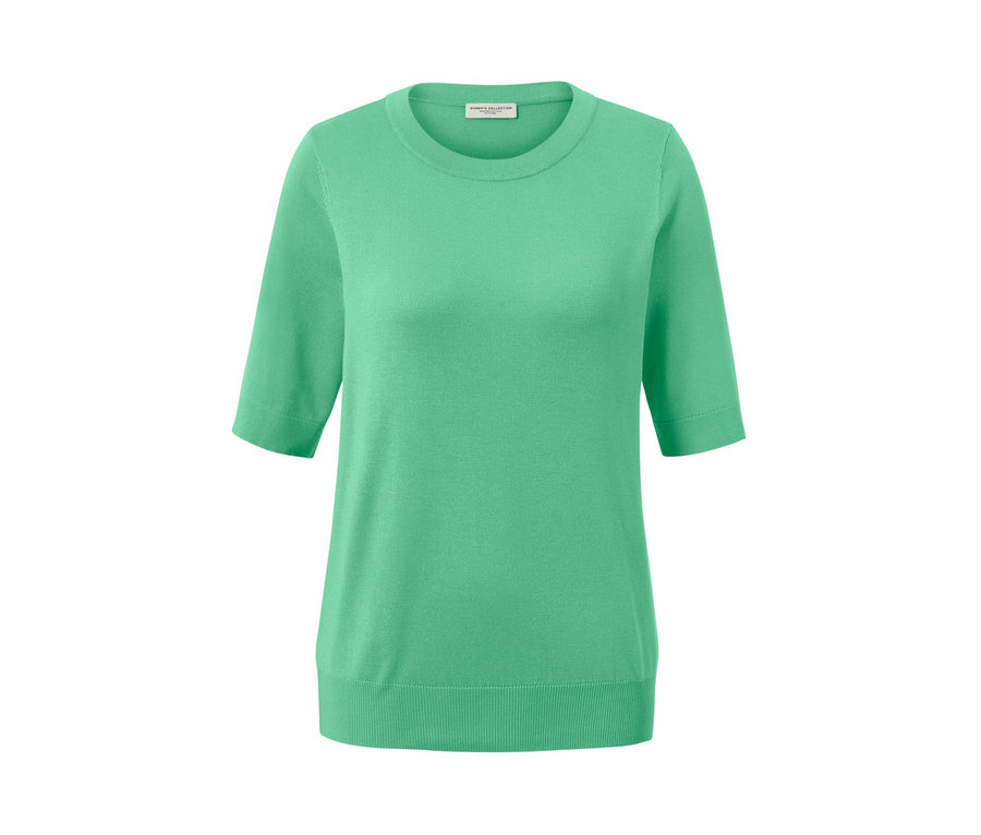 Ein hellgrüner Feinstrickpullover.