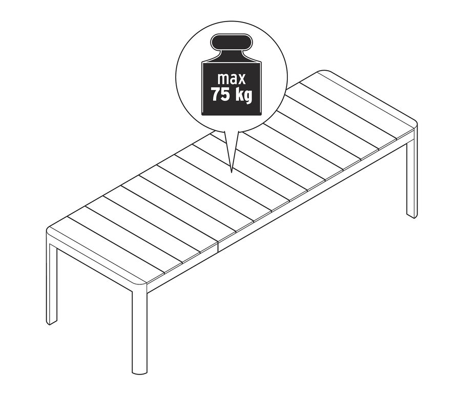 Zeichnung eines Ausziehtischs mit Polywood-Tischplatte. Die maximale Belastbarkeit beträgt 75 kg.