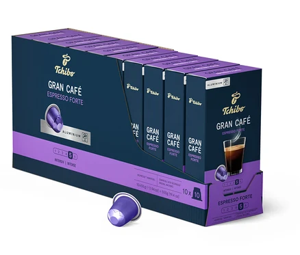 Eine Packung mit 100 Kapseln Gran Café Espresso Forte von Tchibo. Die Kapseln sind lila und silber.