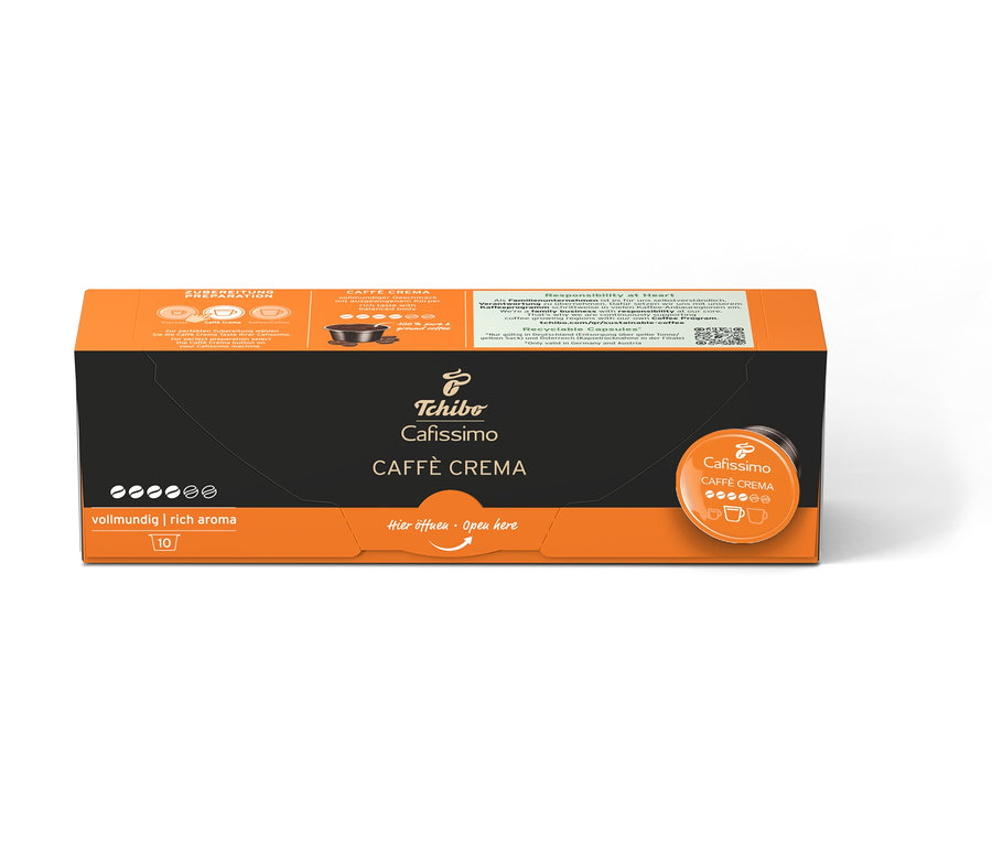 Eine Packung Cafissimo Caffè Crema vollmundig - 10 Kapseln und eine Packung Cafissimo Caffè Crema vollmundig - 80 Kapseln.