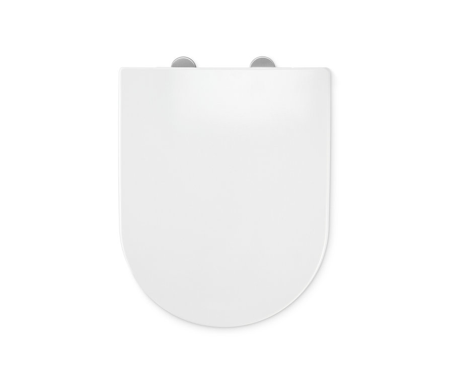 Detailansicht von oben eines weißen Premium-WC-Sitzes mit Absenkautomatik.