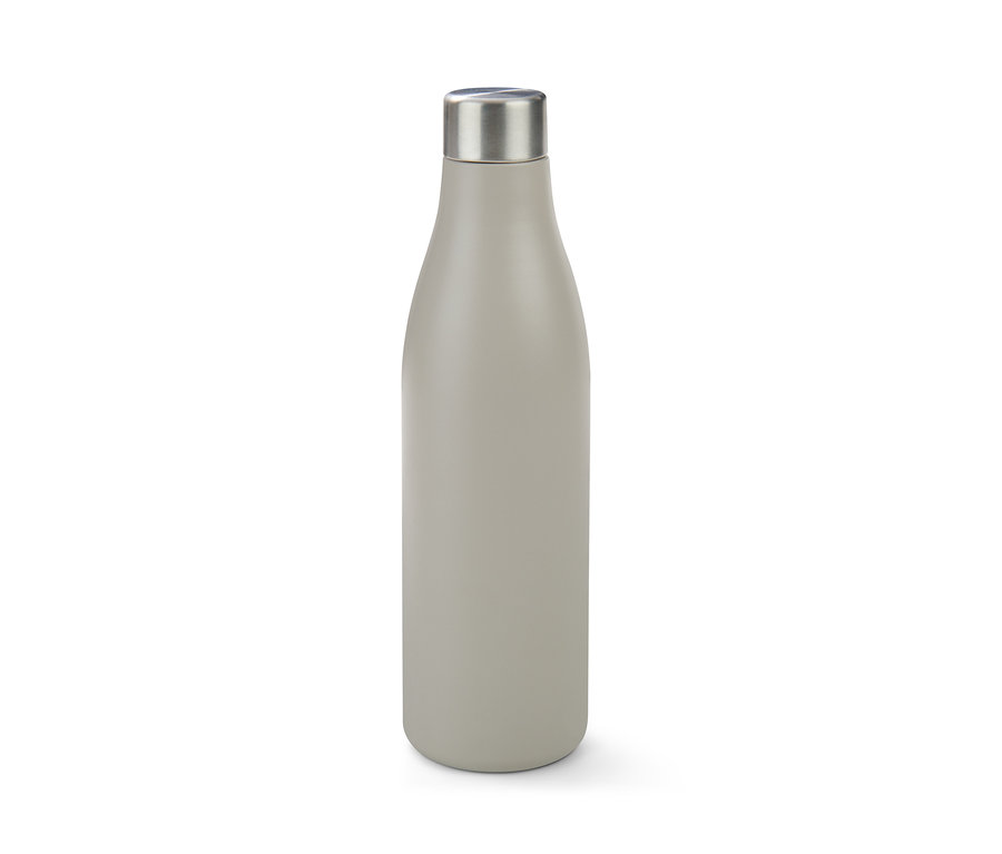 Eine graue Isolier-Trinkflasche mit einem silbernen Deckel.