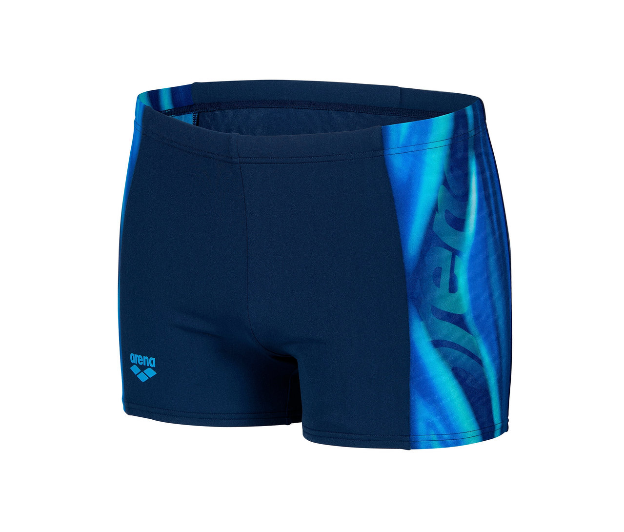 Dunkelblaue arena Performance Badehose Two Sides mit blauem Muster an der Seite.