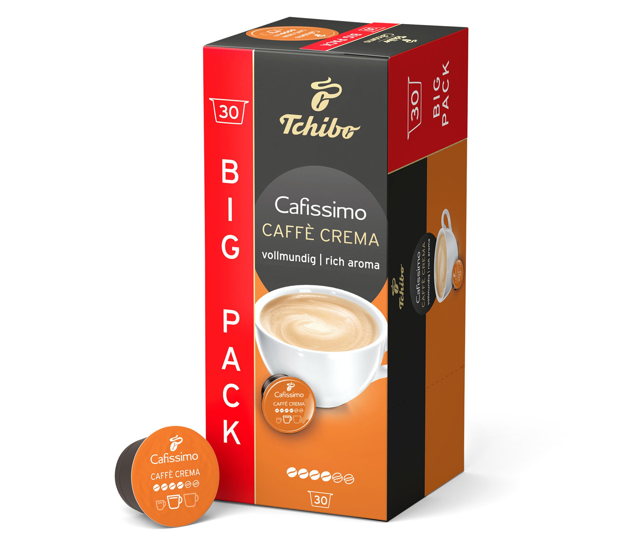 Eine Packung Cafissimo Caffè Crema vollmundig - 30 Kapseln steht im Bild.