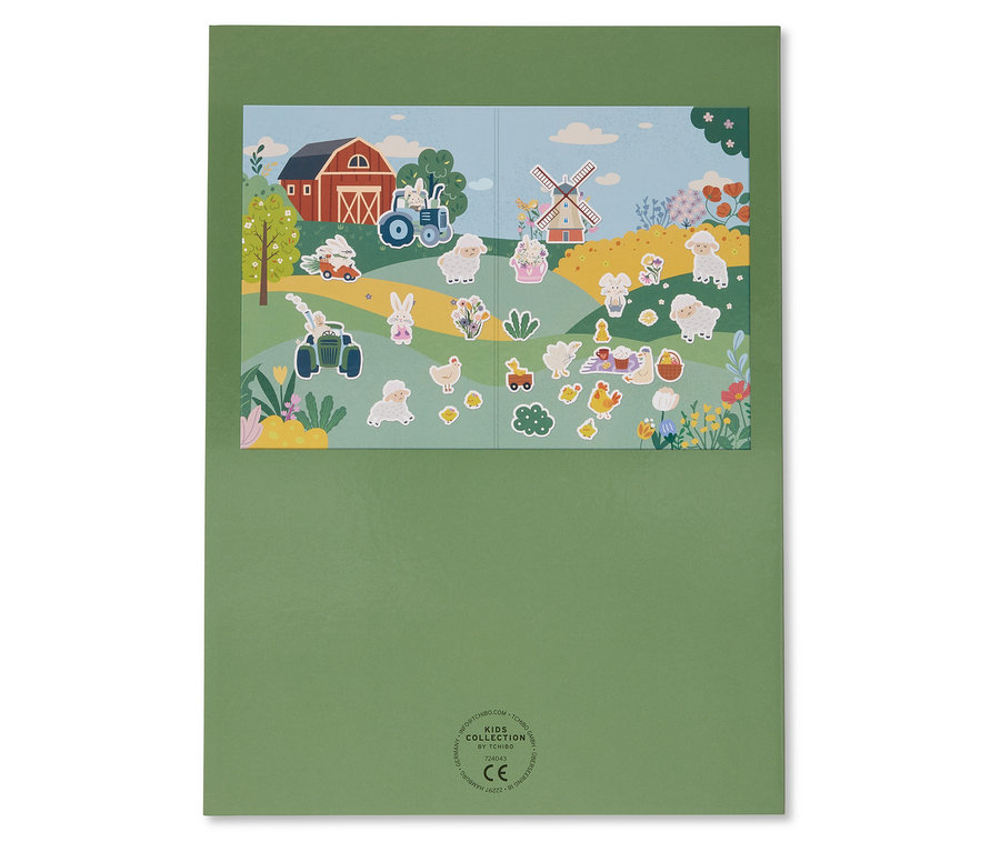Aufkleberbogen mit Bauernhofmotiven, inklusive Schafen, Windmühle und Traktor.