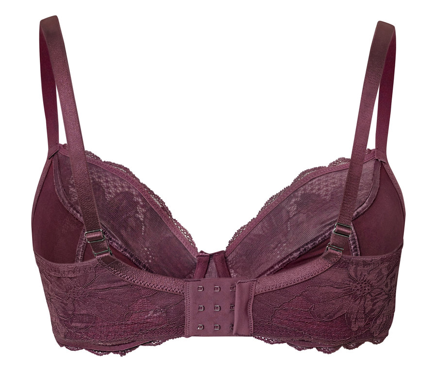 Detailansicht der Rückseite eines bordeauxroten Spitzen-BHs.