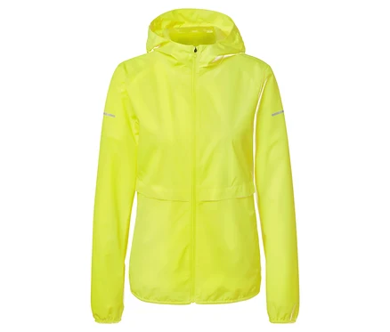 Eine hellgelbe Regenjacke mit Kapuze und Reißverschluss.