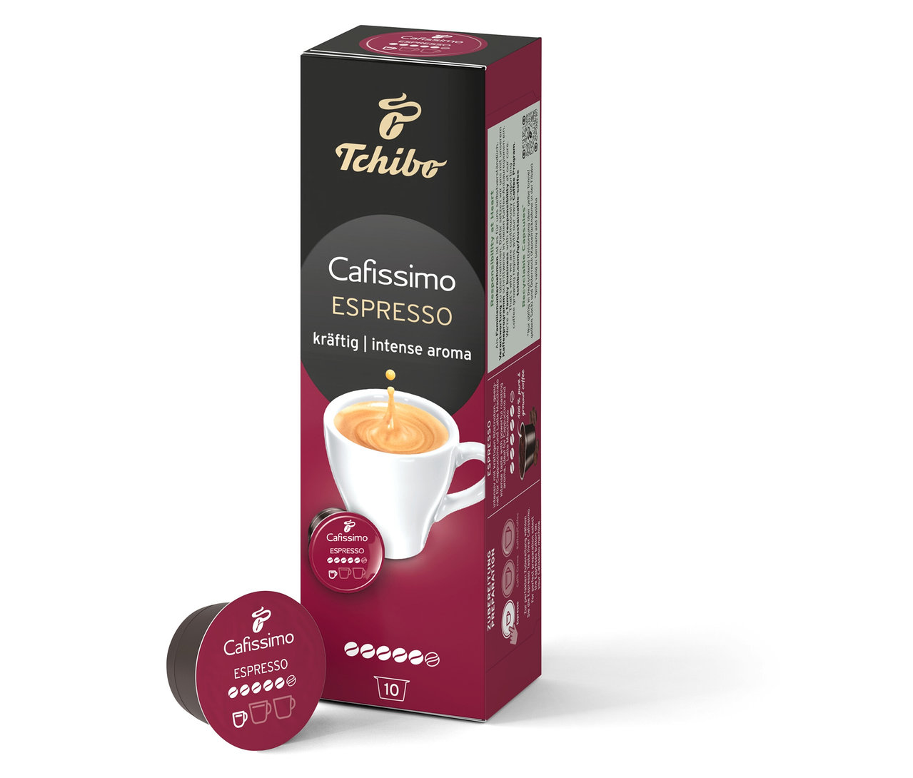 Eine Packung Cafissimo Espresso kräftig mit 10 Kapseln steht neben einer einzelnen Kapsel.