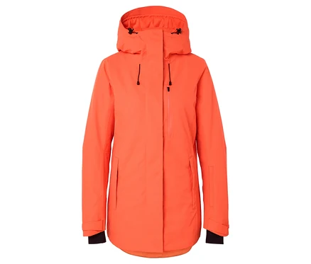Orangefarbene Jacke mit Kapuze und schwarzen Details.