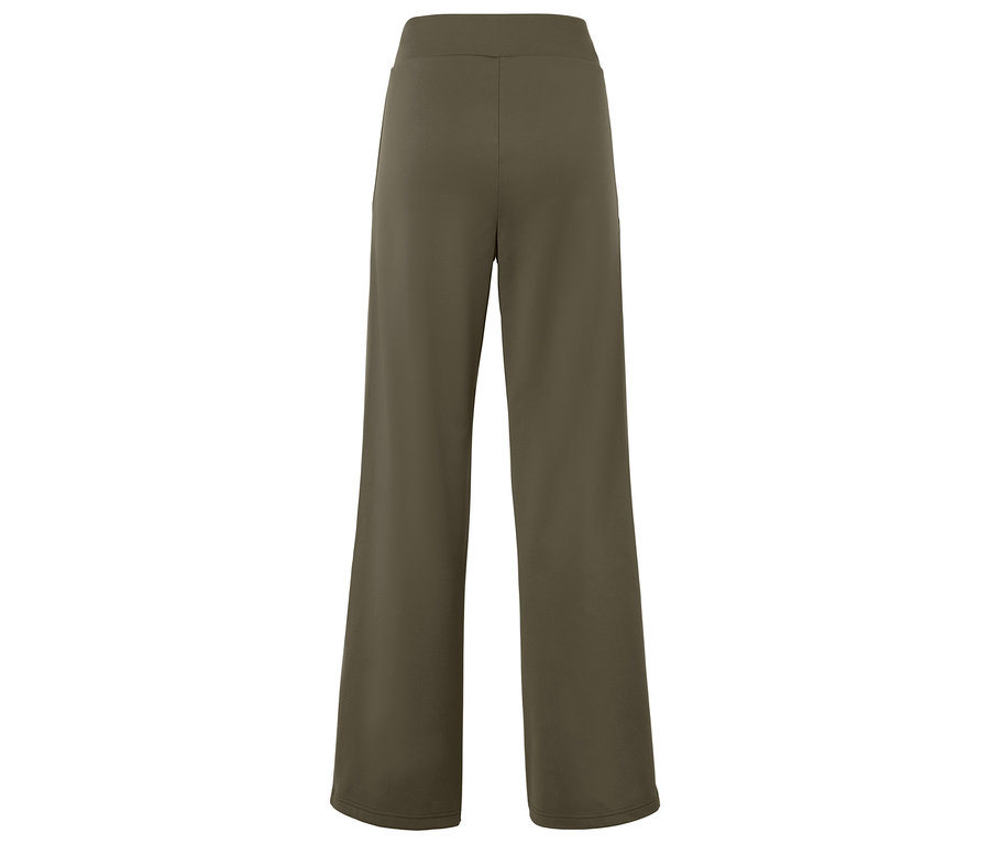 Rückansicht einer olivgrünen Hose mit weitem Bein und hohem Bund.