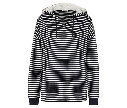 Gestreifter Hoodie in Marineblau und Weiss.