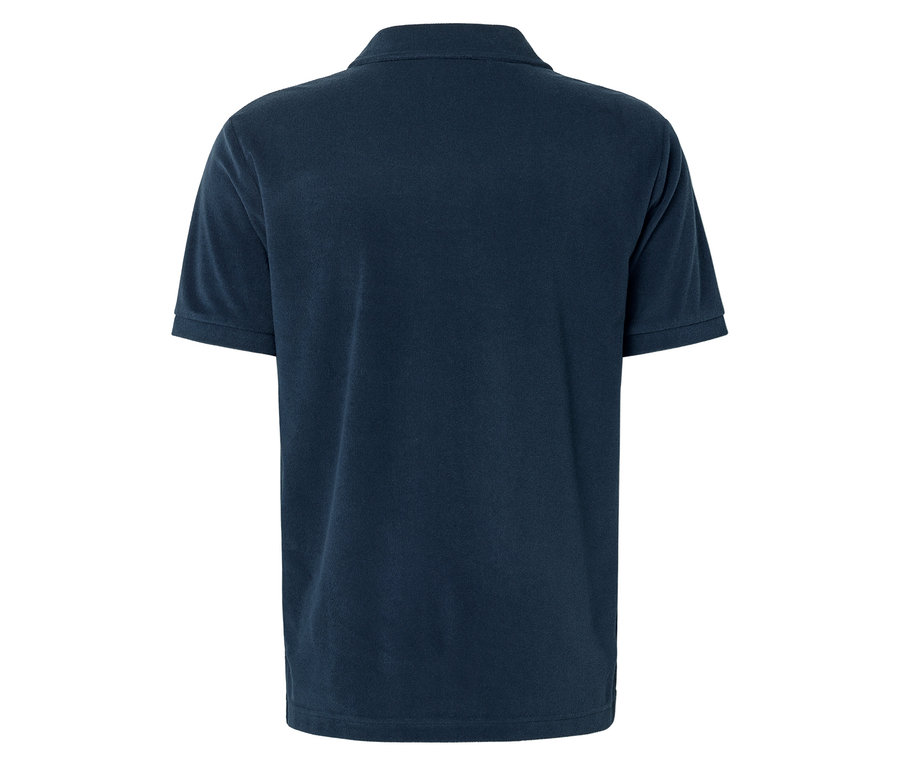 Rückansicht eines dunkelblauen Poloshirts.