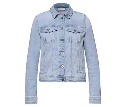Hellblaue Street One Jeansjacke mit Kragen, silberfarbenen Knöpfen und zwei Brusttaschen, flach liegend.
