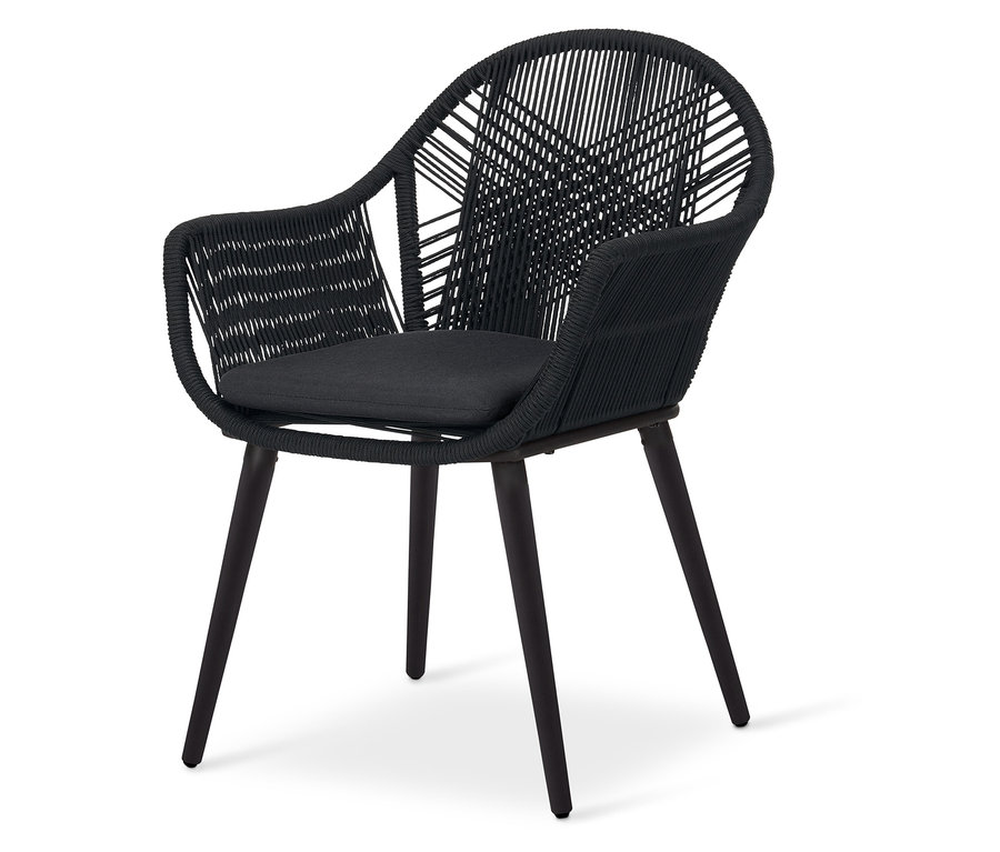 Schwarzer Gartenstuhl mit Textil-Kreuzgeflecht und dunklen Holzbeinen.
