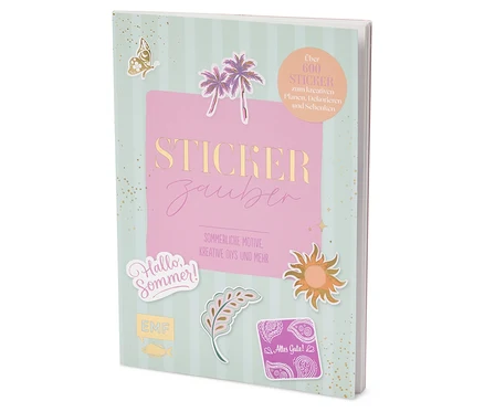 Aufgeschlagenes Stickerbuch mit Sommer-Motiven, wie Palmen, Sonne und Schriftzügen, mit dem Titel "Sticker Zauber".