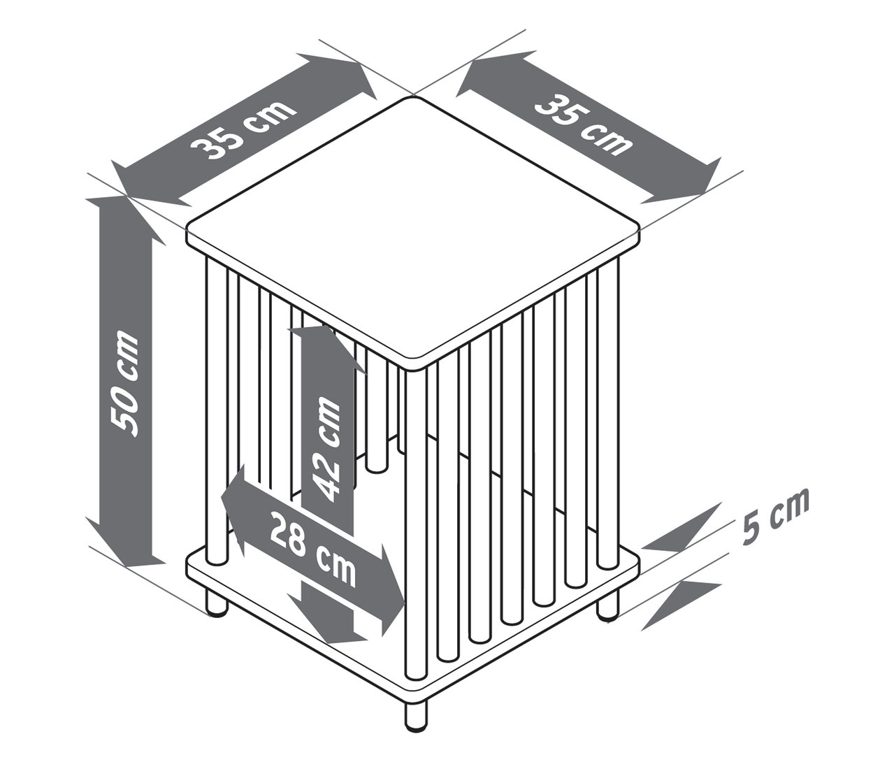 Draufsicht einer schematischen Darstellung eines Beistelltisches mit Maßangaben.