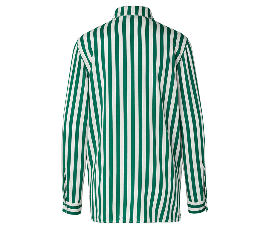 Rückansicht eines langärmeligen Hemdes mit grünen und weißen Streifen.