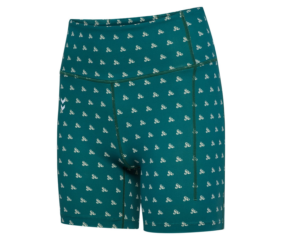 Grüne HUMMEL Damen-Short-Tights mit weißem Muster.