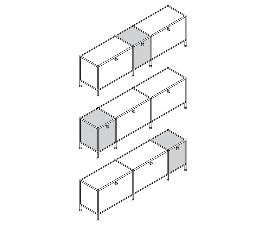 Drei Lowboards »CN3« mit je 3 Klappen in Schwarz, Weiß und Grau sind dargestellt.