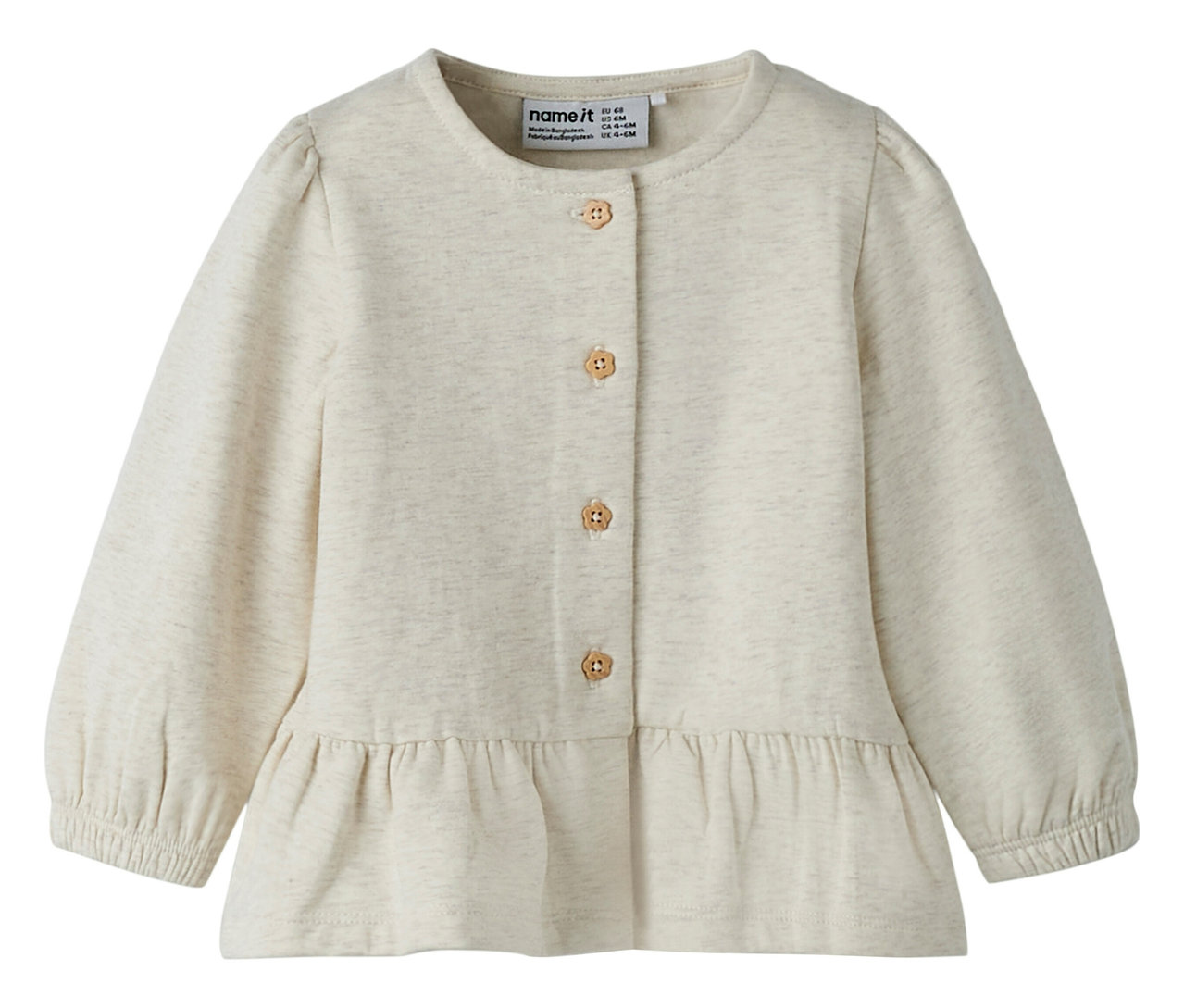 Helle NAME IT Baby-Sweatjacke mit Rüschensaum und Knöpfen.
