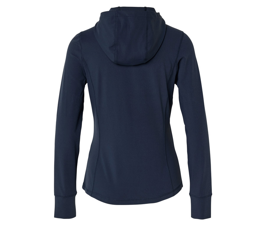 Rückansicht einer marineblauen Kapuzenjacke mit langen Ärmeln.