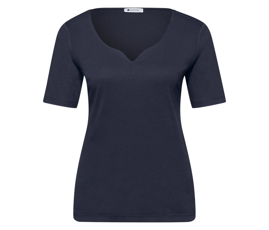 Street One Kurzarmshirt, navy. Dunkelblaues Kurzarmshirt mit V-Ausschnitt, flach liegend.
