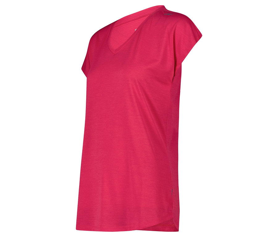 Pinkes, kurzärmeliges Sportoberteil mit V-Ausschnitt.