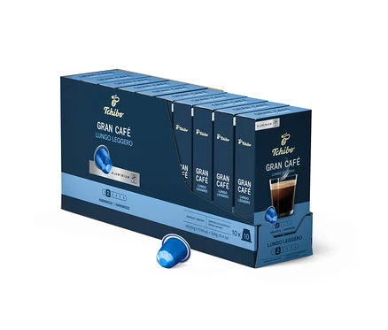 Eine Packung Tchibo Gran Café Lungo Leggero Kapseln. Die Packung ist blau und zeigt eine Kapsel und den Schriftzug.