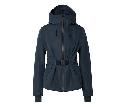 Dunkelblaue Kapuzenjacke mit Reißverschluss, schwarzem Gürtel an der Taille und verstellbaren Ärmelbündchen.