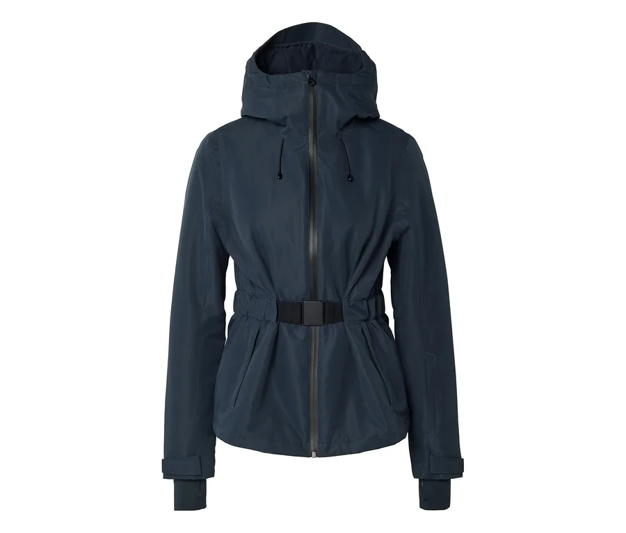 Dunkelblaue Kapuzenjacke mit Reißverschluss, schwarzem Gürtel an der Taille und verstellbaren Ärmelbündchen.