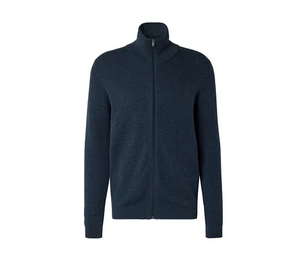 Dunkelblaue Strickjacke mit Stehkragen und durchgehendem Reißverschluss.