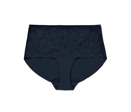 Ein marineblauer Damenslip mit hoher Taille und Spitze.