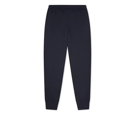 Dunkelblaue SCHIESSER Kinder-Pyjamahose mit Gummibund und Bündchen.