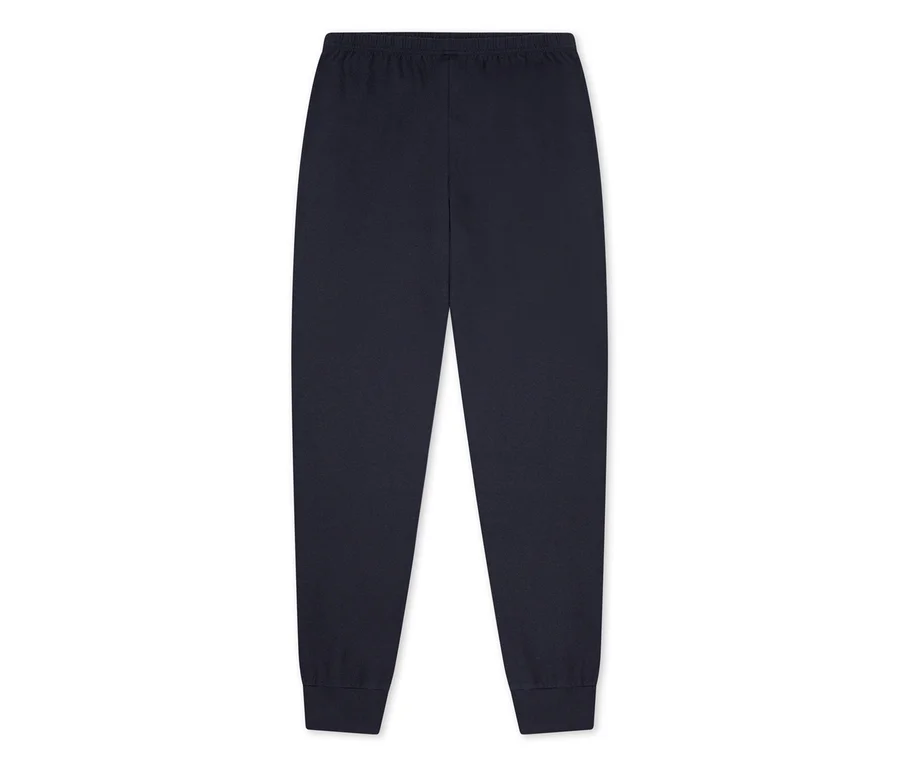 Dunkelblaue SCHIESSER Kinder-Pyjamahose mit Gummibund und Bündchen.