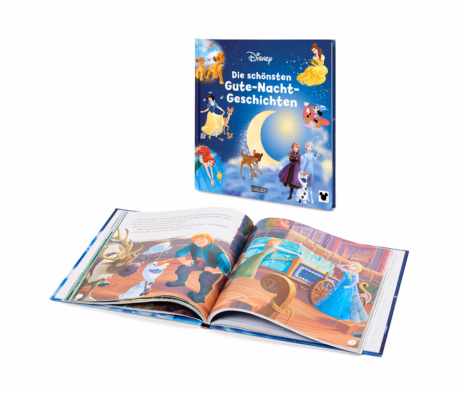Ein aufgeschlagenes Buch zeigt eine Illustration von Charakteren aus dem Film Die Eiskönigin, während ein anderes Buch mit dem Titel Die schönsten Gute-Nacht-Geschichten im Hintergrund steht.