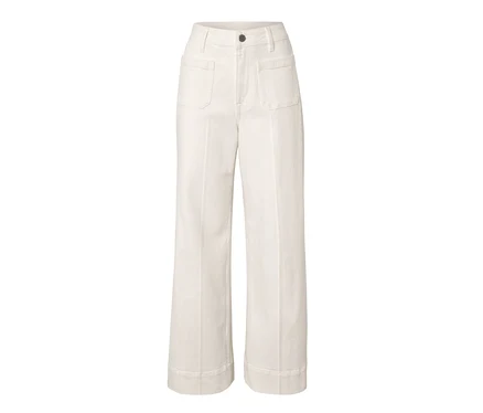 Weiße High-Waist Wide Leg Jeans mit aufgesetzten Vordertaschen und dunklem Knopfverschluss, Fit »Viki«.