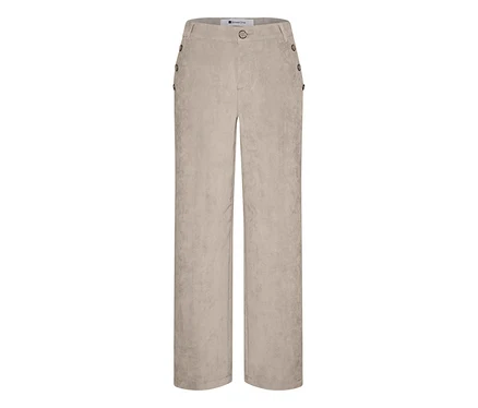 Helle beigefarbene Street One Cordhose mit weitem Bein und dekorativen Knöpfen an der Seite des Bundes.
