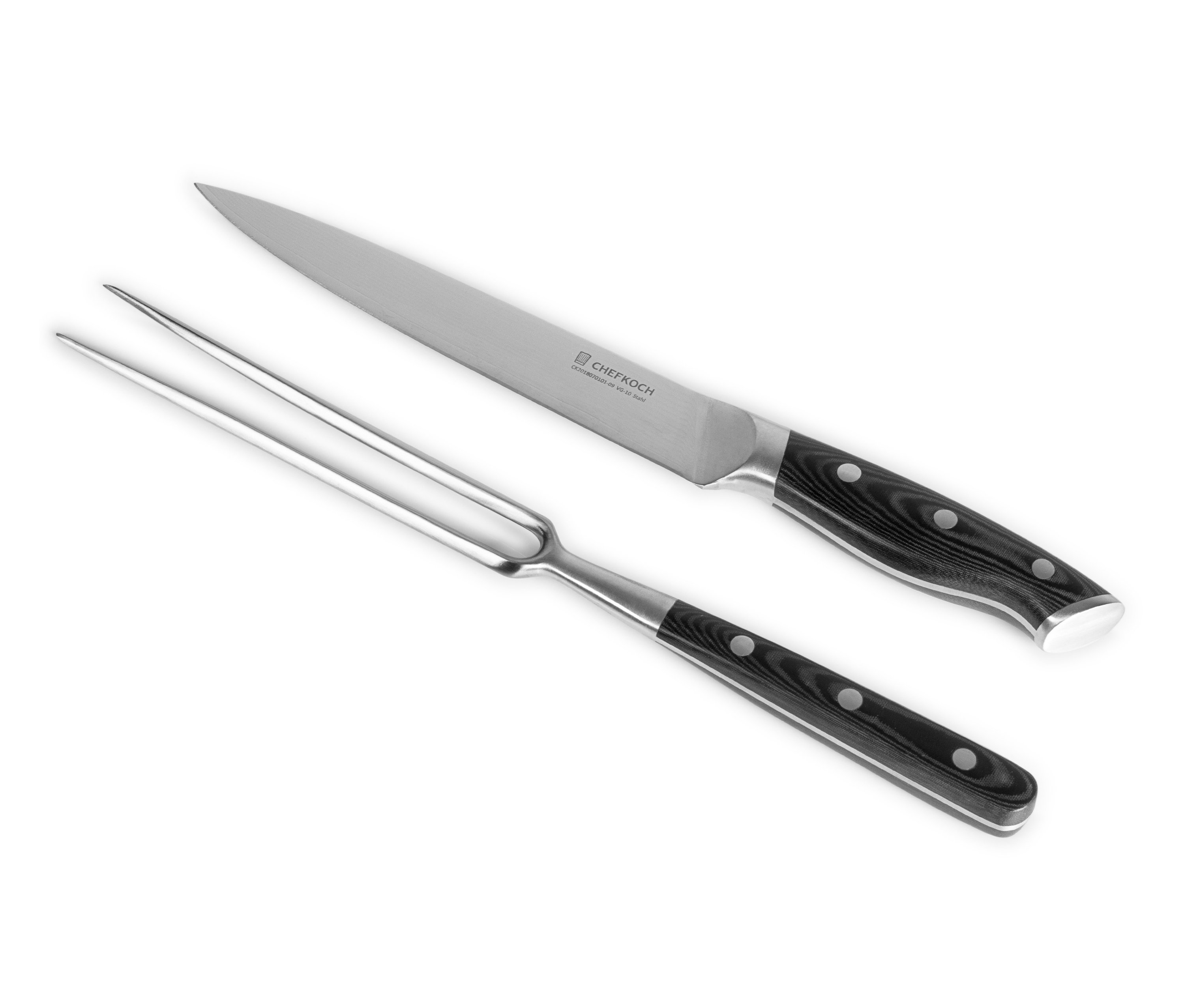 Ein Messer und eine Gabel aus dem 2-teiligen Chefkoch-Tranchierbesteck liegen auf einem weißen Hintergrund.