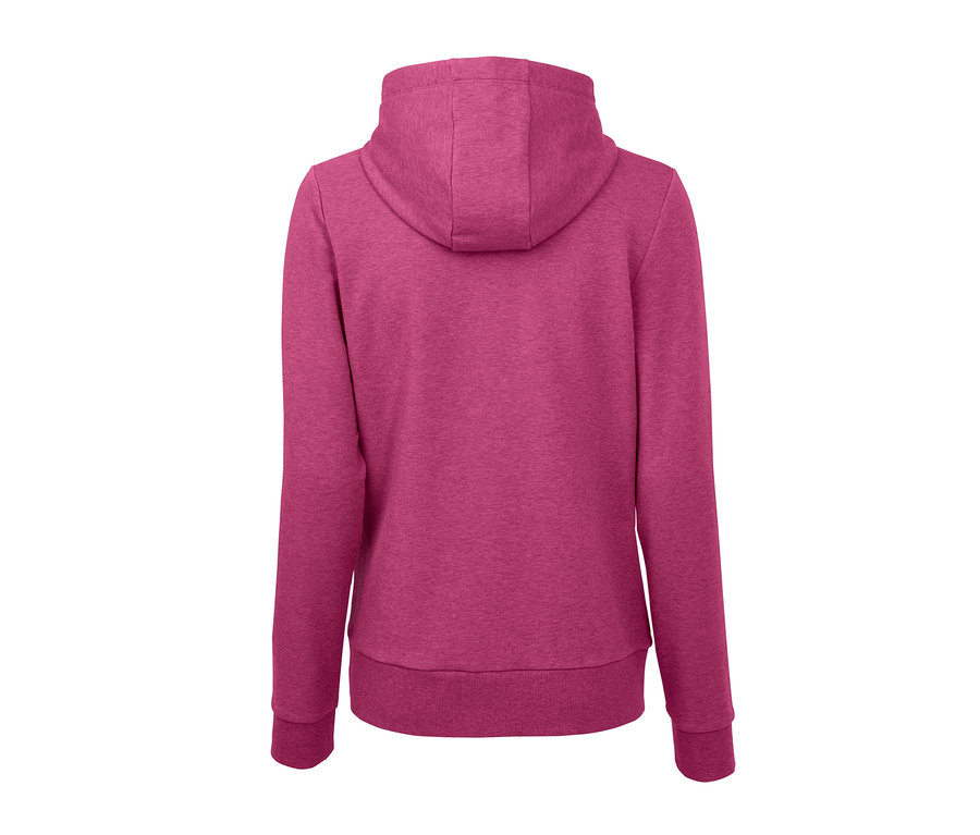 Rückansicht einer roséfarben melierten Sweatjacke mit Kapuze.