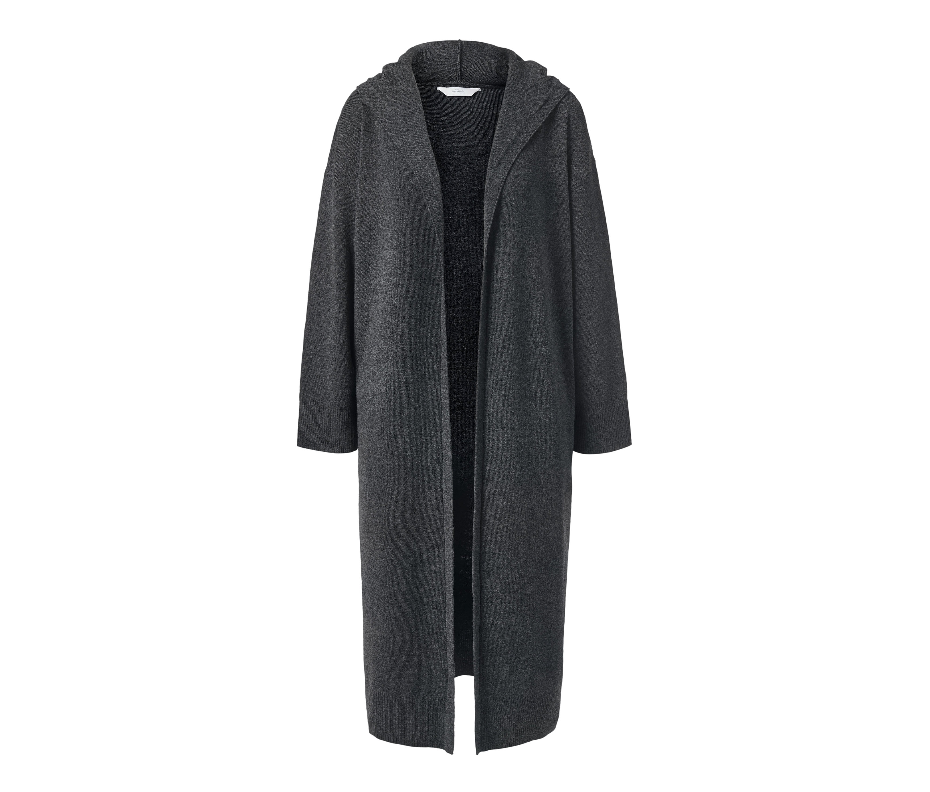 Grauer Loungemantel mit Kapuze.