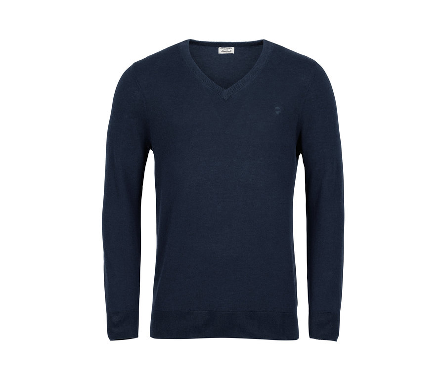 Marineblauer Leinen-Pullover mit V-Ausschnitt.