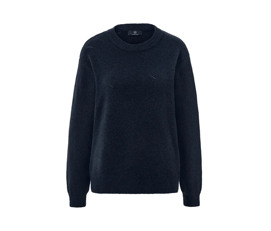 Dunkelblauer Strickpullover mit Ajour-Muster.